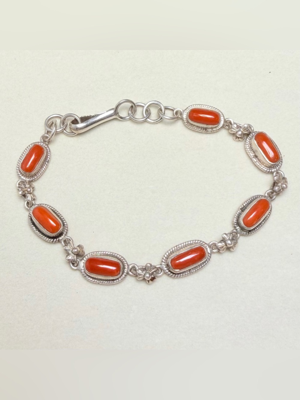 Hand Crafted Sterling Silver Orange Coral Cabochon Bracelet